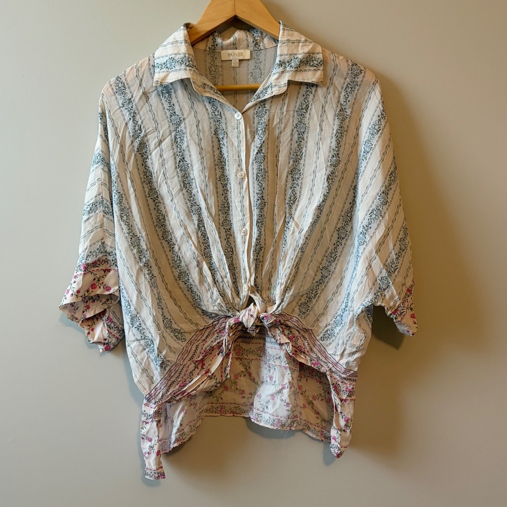 Parker Women Small White Floral Stripe Tie Front Viscose Button Down Shirt